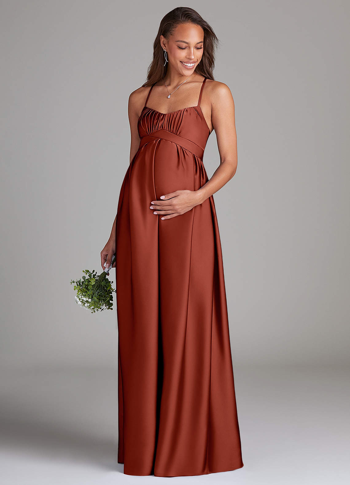 Azazie Llana Maternity Bridesmaid Dresses A-Line Stretch Satin Floor-Length Dress with Pockets image1