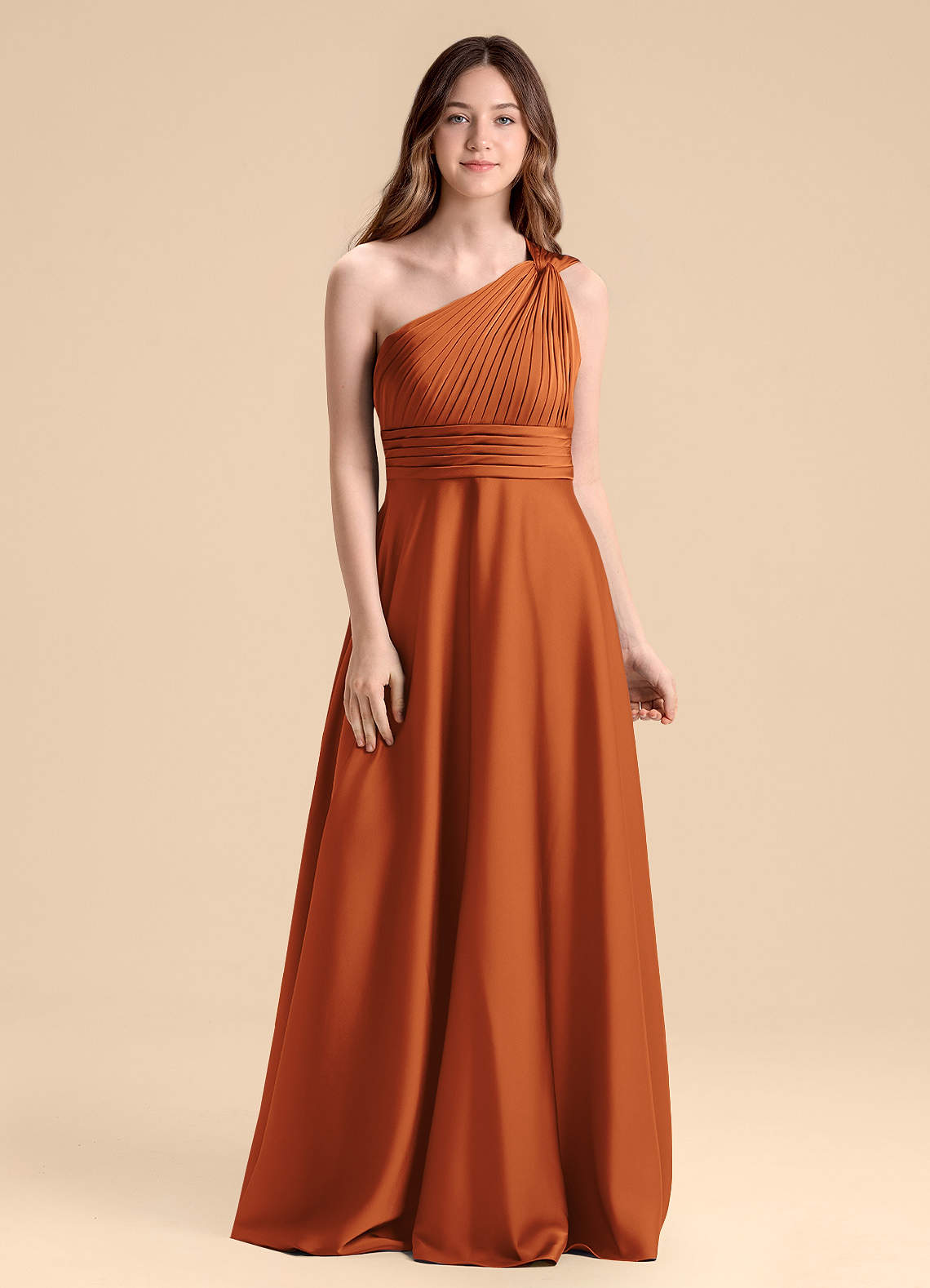 Azazie Charlize Junior Cinnamon A-Line Pleated Stretch Satin Dress image1