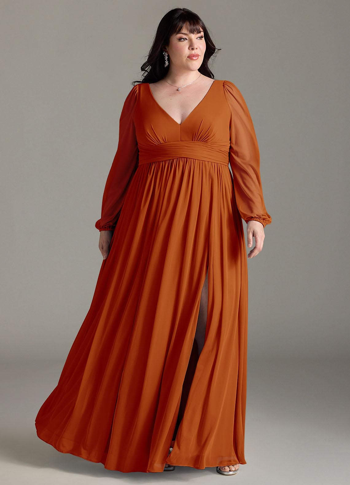 Azazie Norah Bridesmaid Dresses Paprika A-Line V-Neck Long Sleeve Chiffon Dress image1