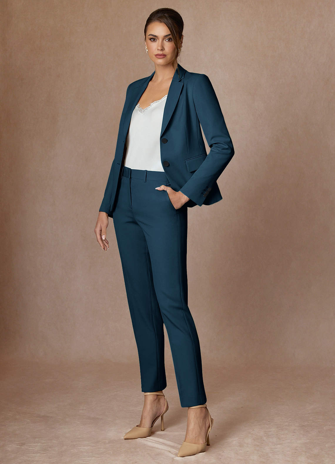 front Whitney Dark Navy Refined Weave Performance Full Length Dress Pants