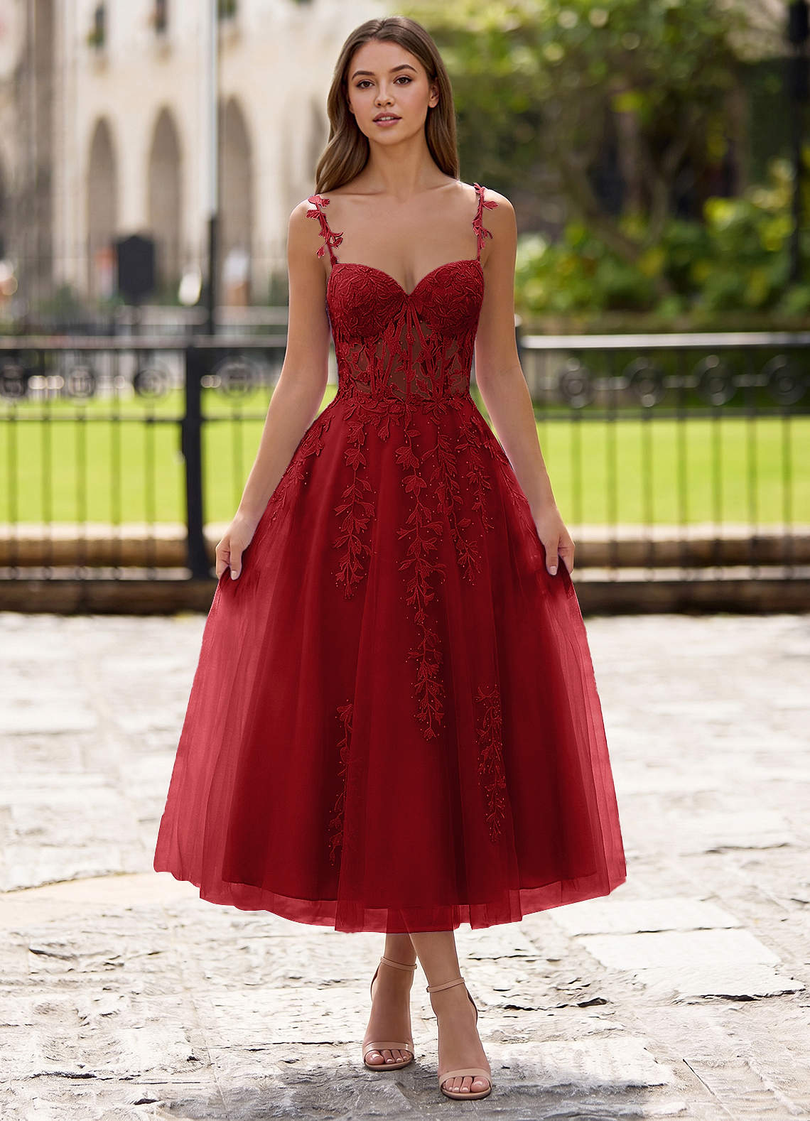 red lace a line dress Zosia A-line Lace Up Back Midi color:Ivory Pair it with heels DRESSSKIRT Gown Low Back Wedding