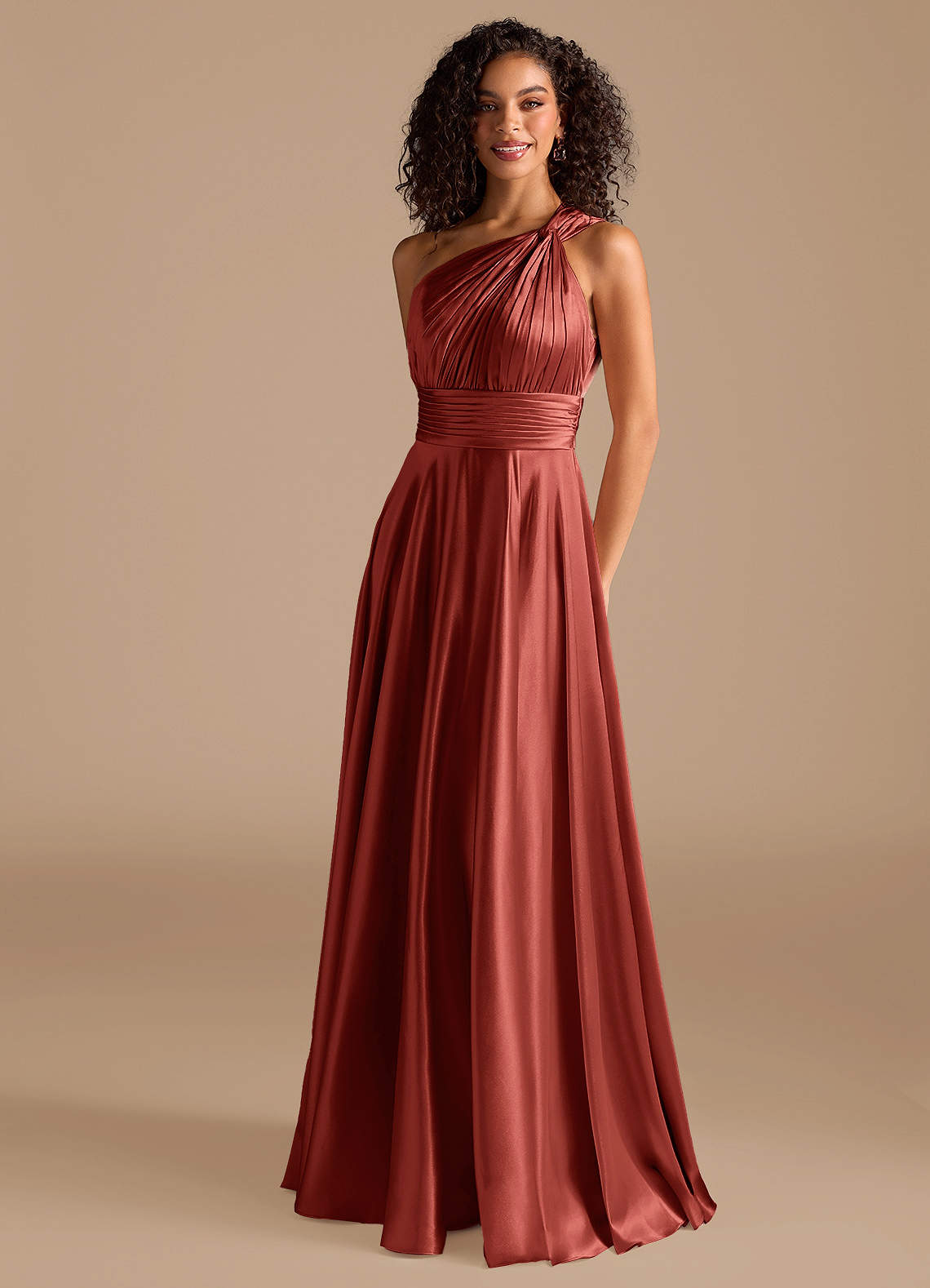 Azazie Charlize Brautjungfernkleider A-Linie One-Shoulder Metallischer Satin Kleid Terrakotta image1