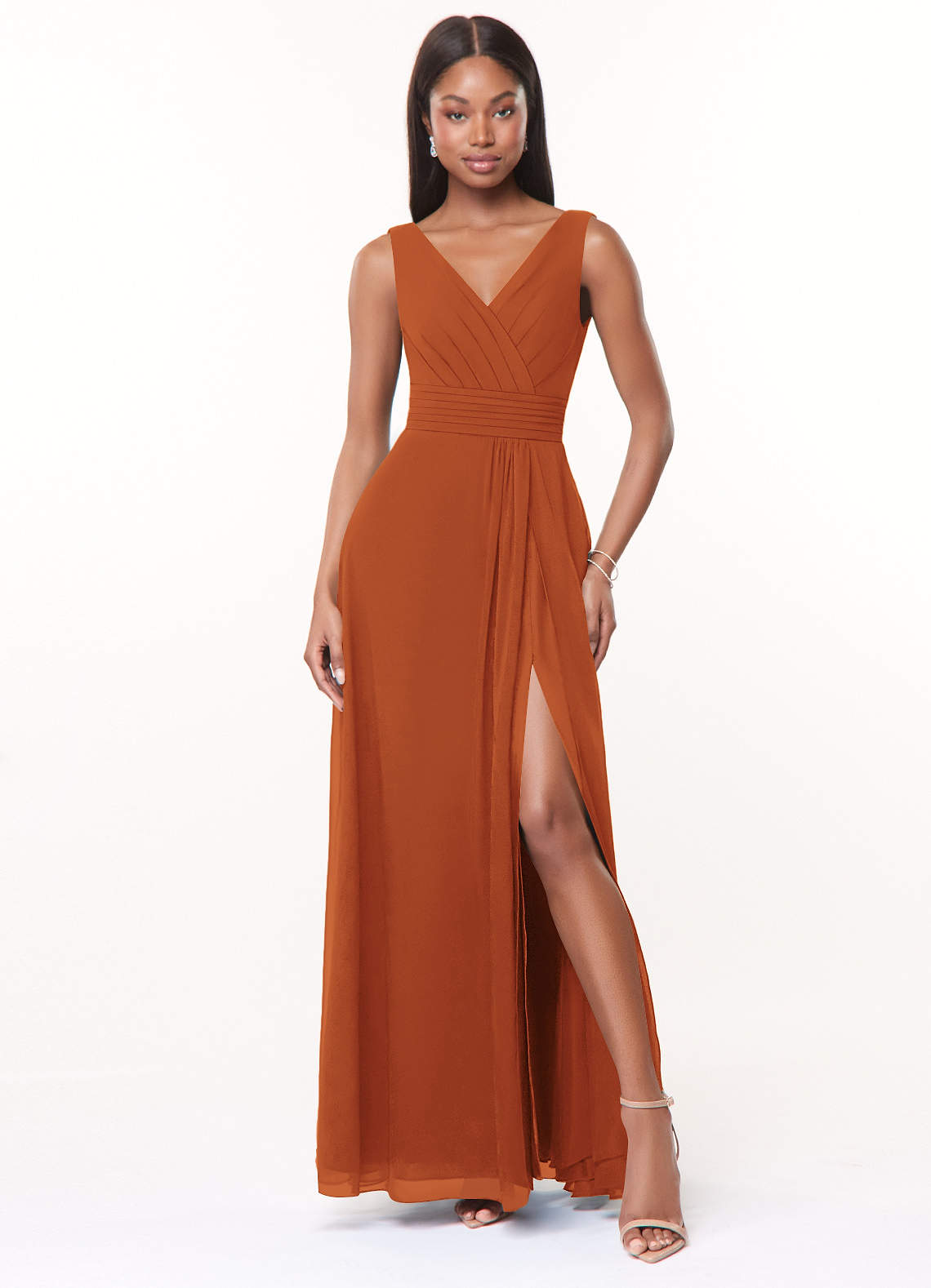 Azazie Karina Bridesmaid Dresses Cinnamon A-Line Pleated Chiffon Dress image1