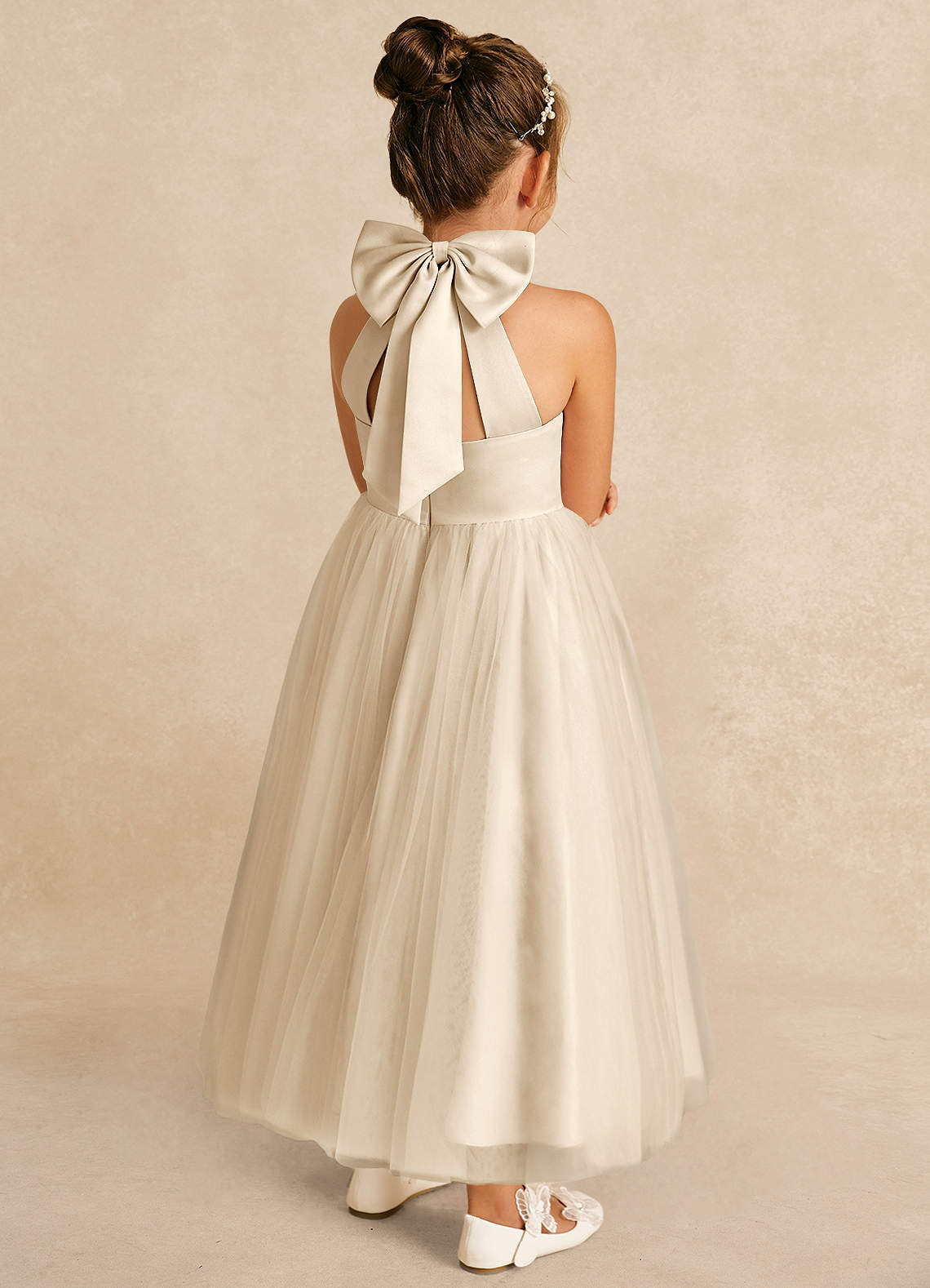 Azazie Bev Flower Girl Dresses Champagne A-Line Convertible Tulle Dress image5