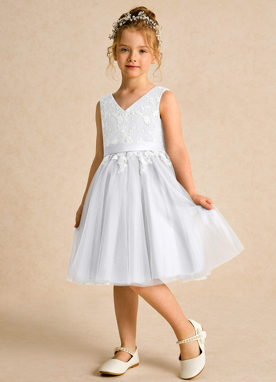 Azazie Butterfly Flower Girl Dresses White A-Line Lace Dress image3