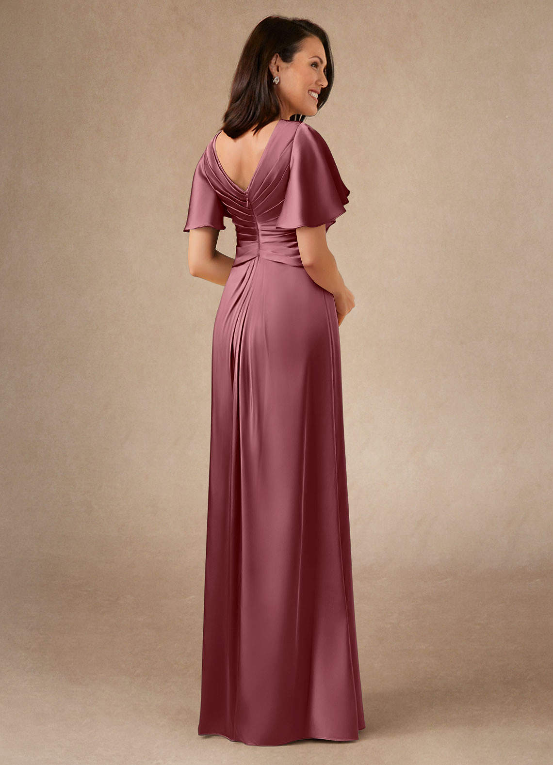 Azazie Emmeline Mère de la mariée Robes Robe Trapèze en Satin extensible Plissée Rose Du Désert image1