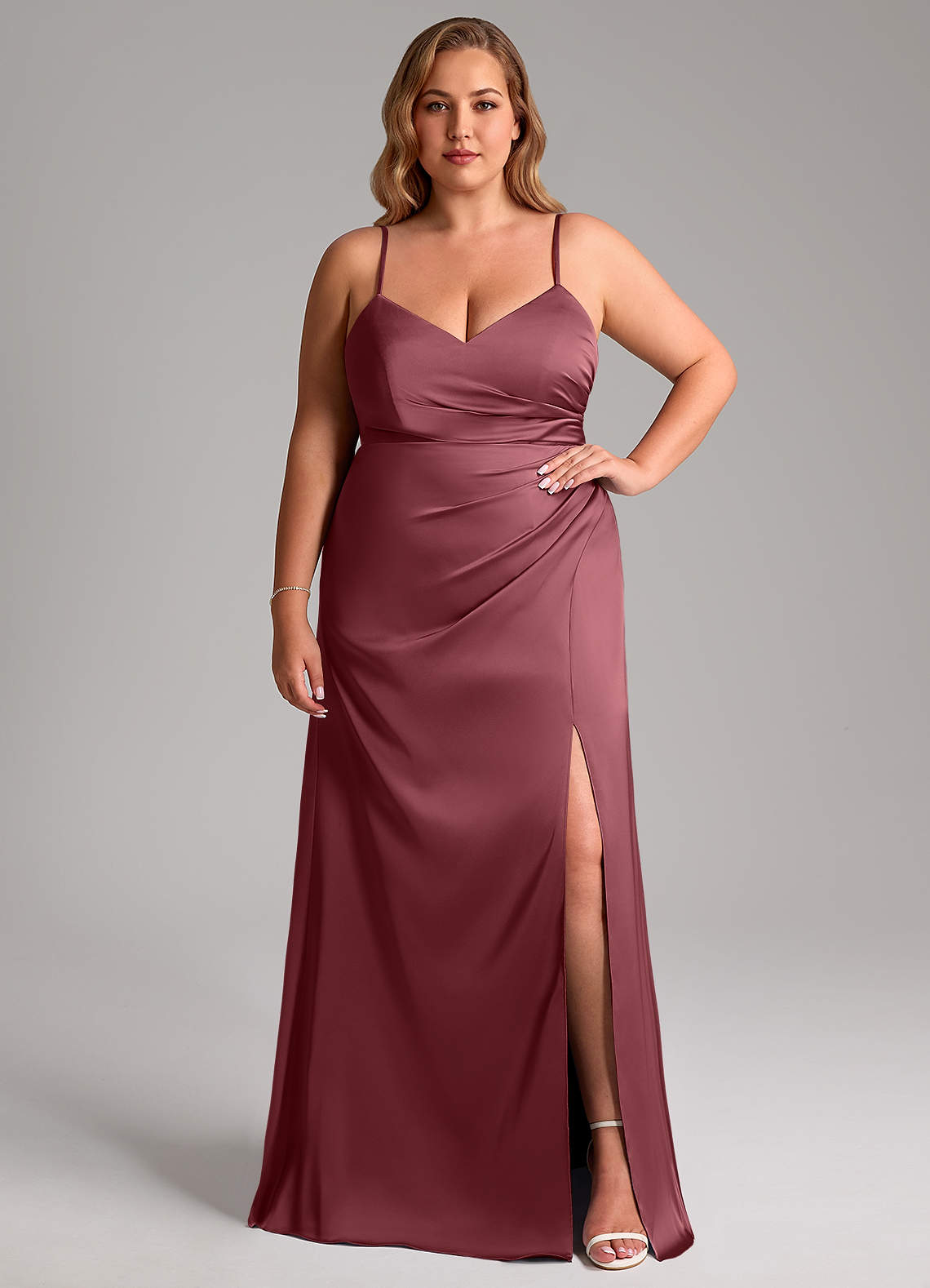 Azazie Azuree Bridesmaid Dresses Desert Rose A-Line Pleated Stretch Satin Dress image2