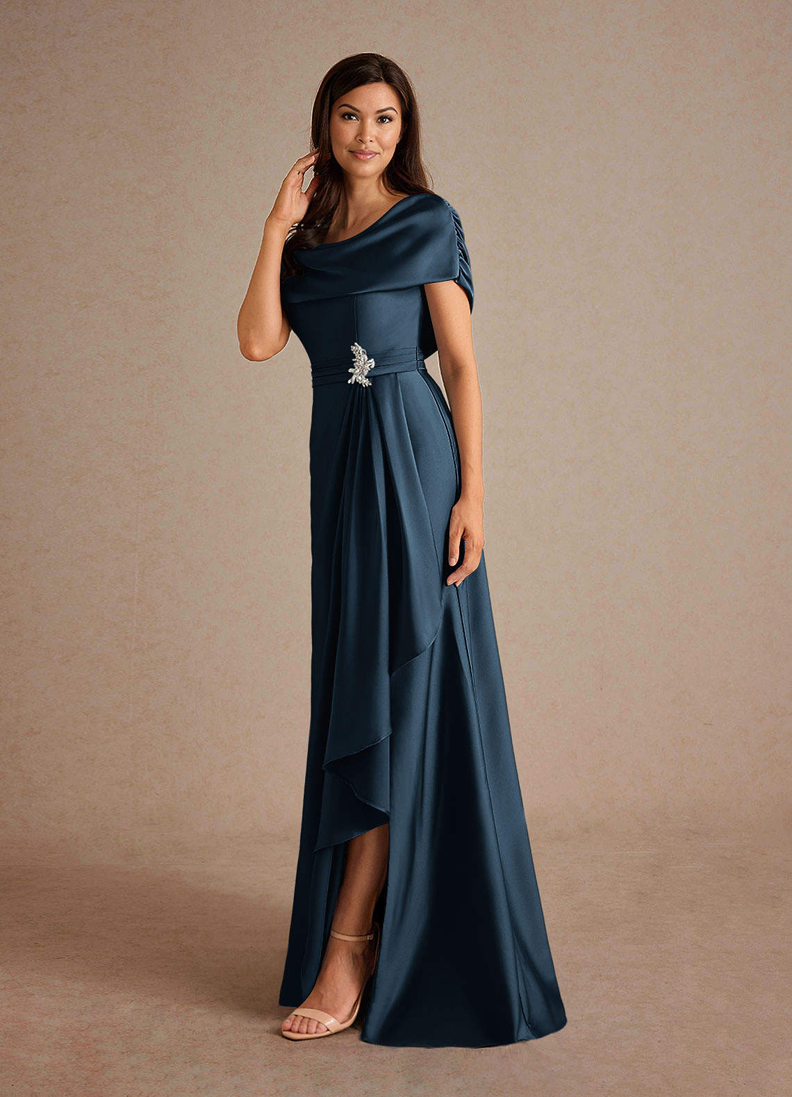 Azazie Branford Dark Navy A-Line Pleated Stretch Satin Dress | Azazie
