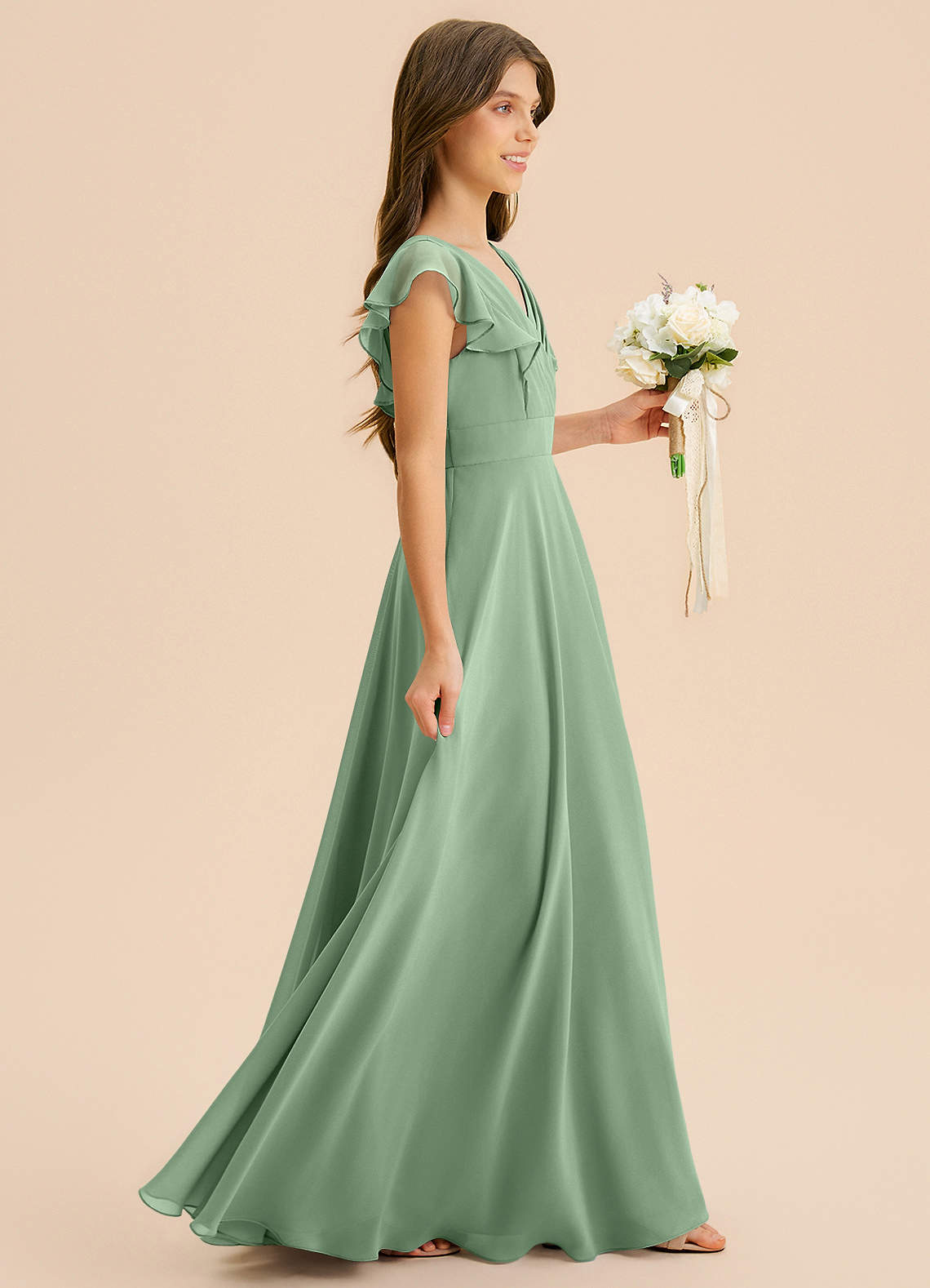 Azazie Anysa Junior Robe Trapèze en Mousseline de soie Rayé Matcha image3