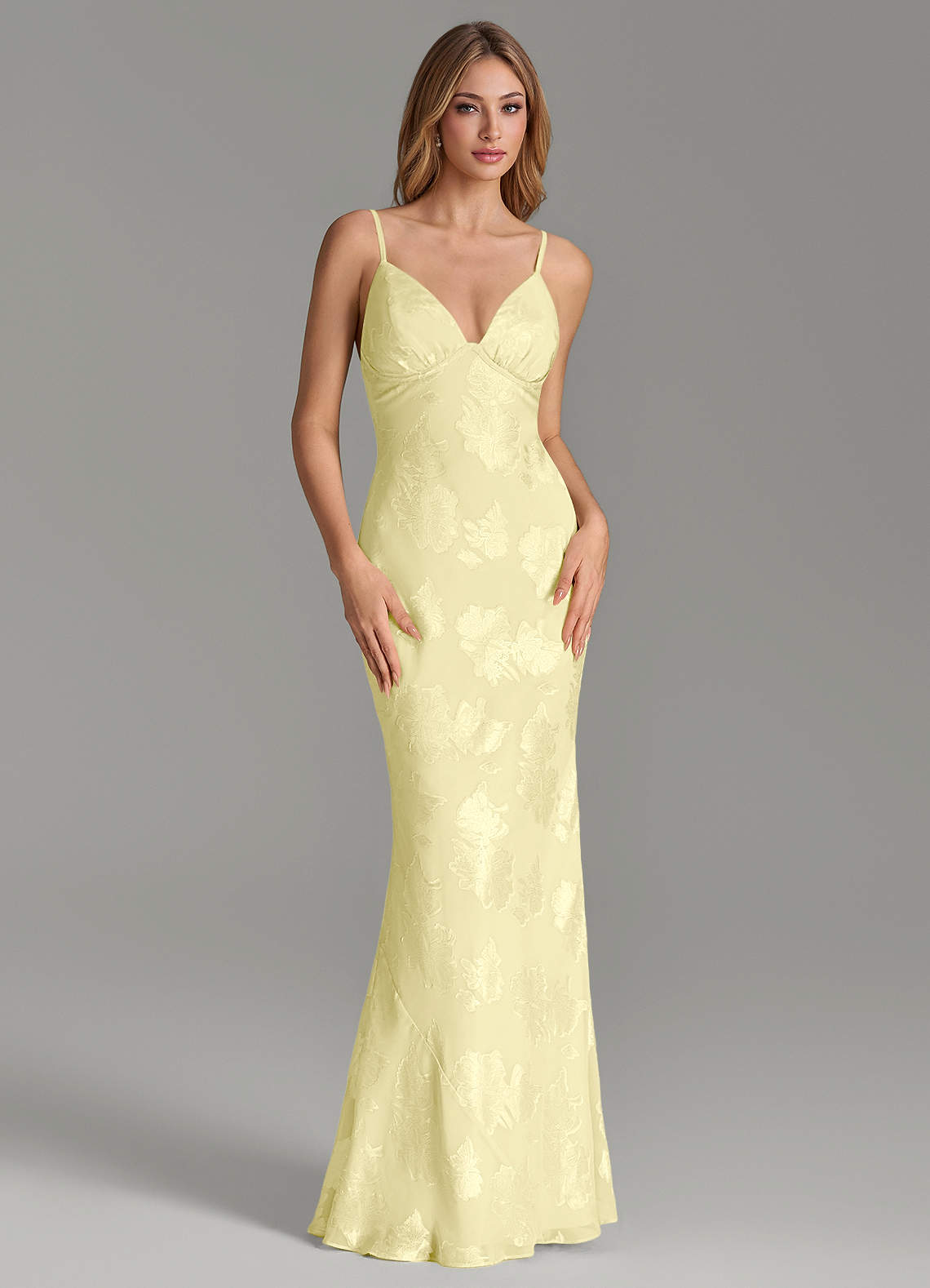 serena bridesmaid dress Azazie Lemon Sorbet Floral Jacquard Burnout Dresses Backless Linen-Blend Midi Dress