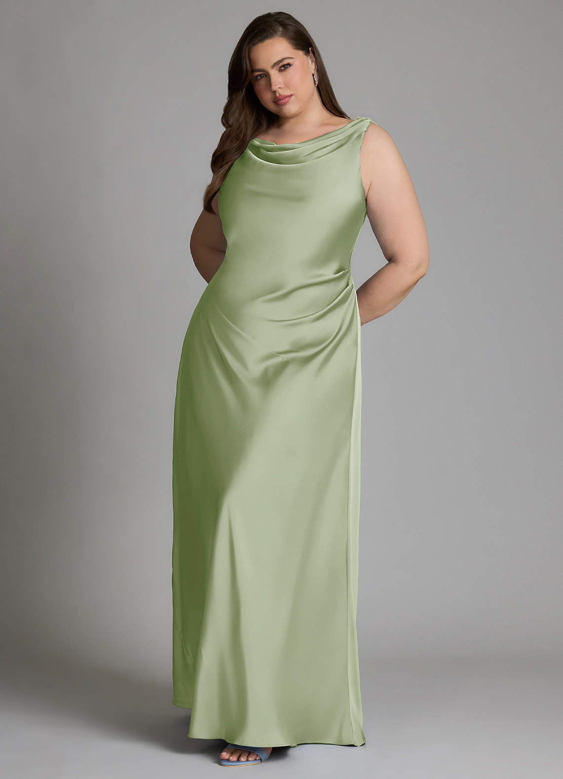 azazie sage green bridesmaid dresses A-Line Cowl Neck Floor-Length Stretch Satin Azazie pistachio bridesmaid