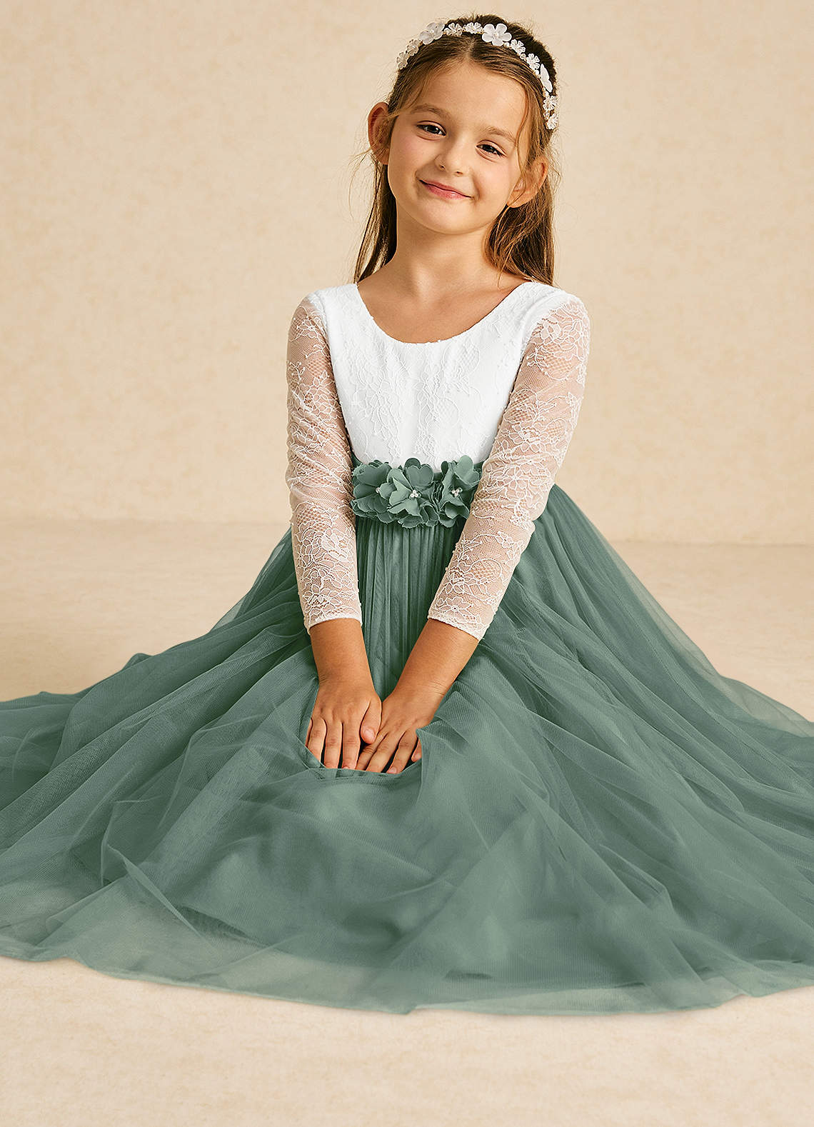 Azazie Mae Flower Girl Dresses Ivory Eucalyptus A-Line Bow Tulle Dress image1