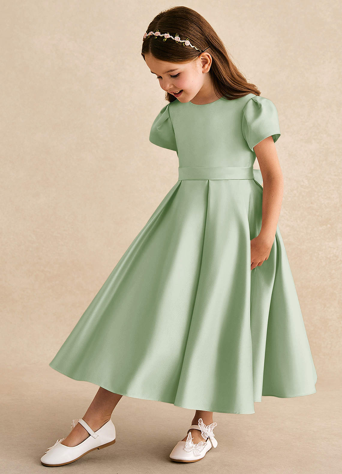 Azazie Princess Flower Girl Dresses Dusty Sage A-Line Pleated Matte Satin Dress image1