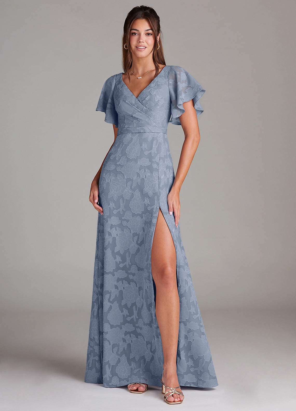 Azazie Ambrosia Bridesmaid Dresses Dusty Blue A-Line Pleated Floral Burnout Dress image1