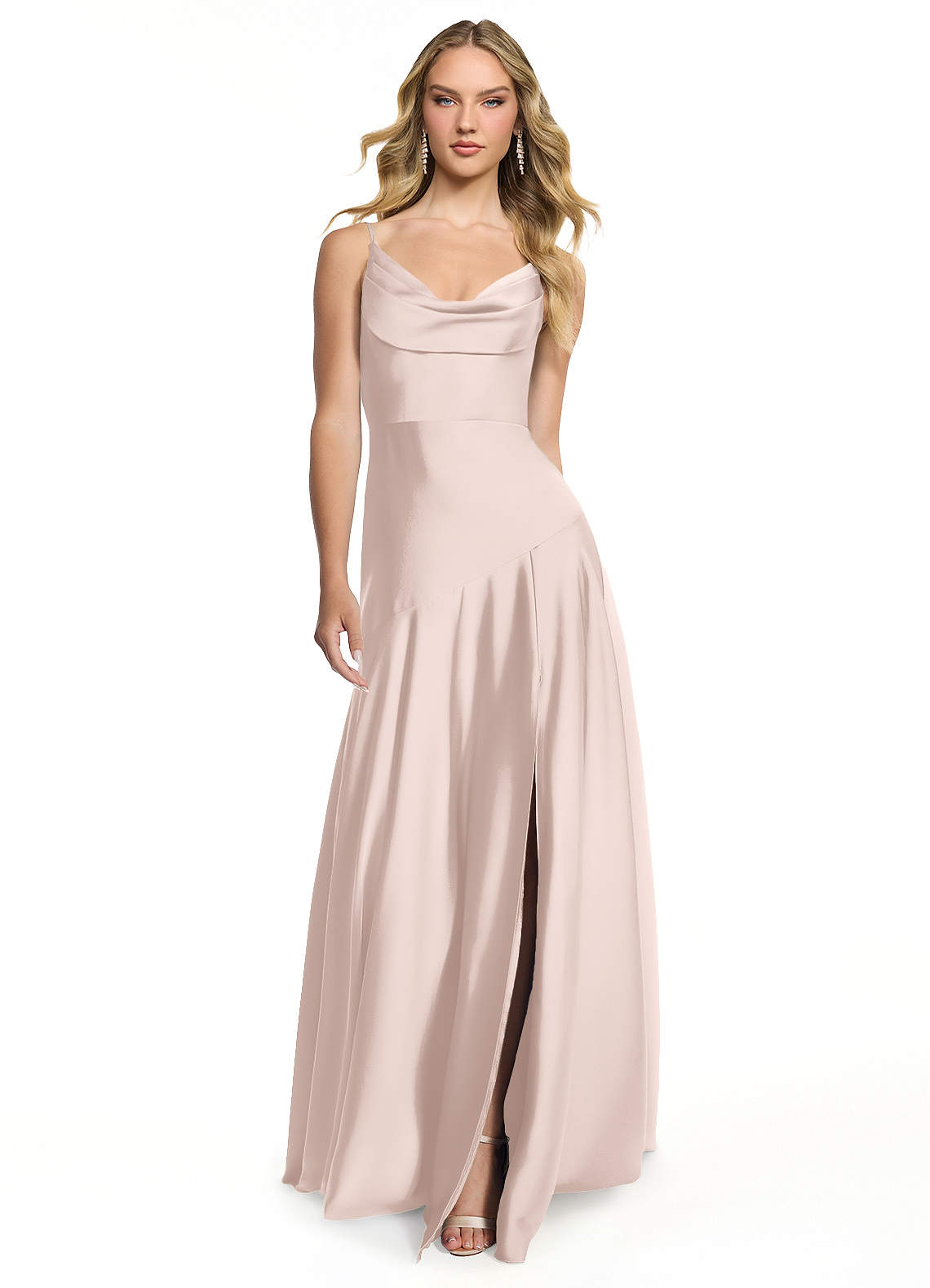 Azazie Kayla Bridesmaid Dresses Blushing Pink Sheath Side Slit Stretch Satin Dress image1