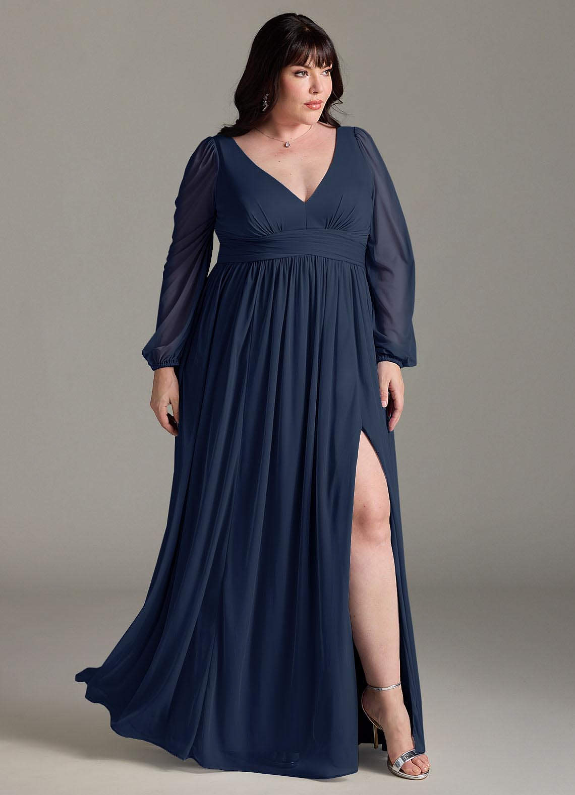 Azazie Norah Bridesmaid Dresses Dark Navy A-Line V-Neck Long Sleeve Chiffon Dress image8