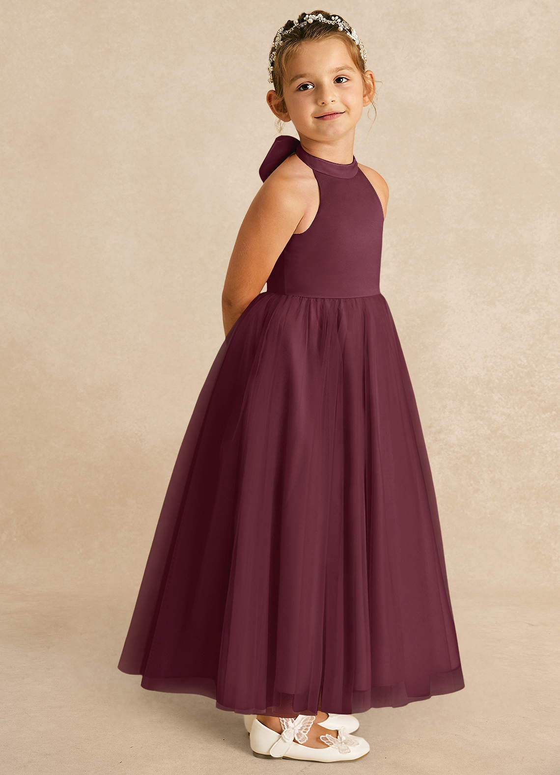 Azazie Bev Flower Girl Dresses Cabernet A-Line Convertible Tulle Dress image7