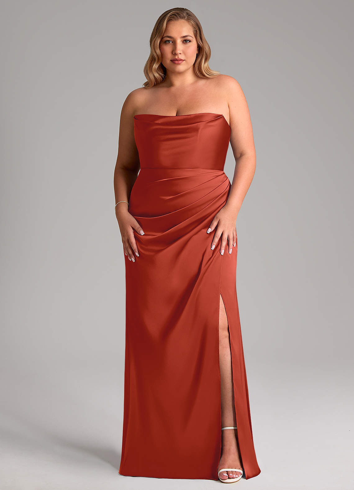 Azazie Leonis Bridesmaid Dresses Rust Mermaid Pleated Stretch Satin Convertible Dress image1