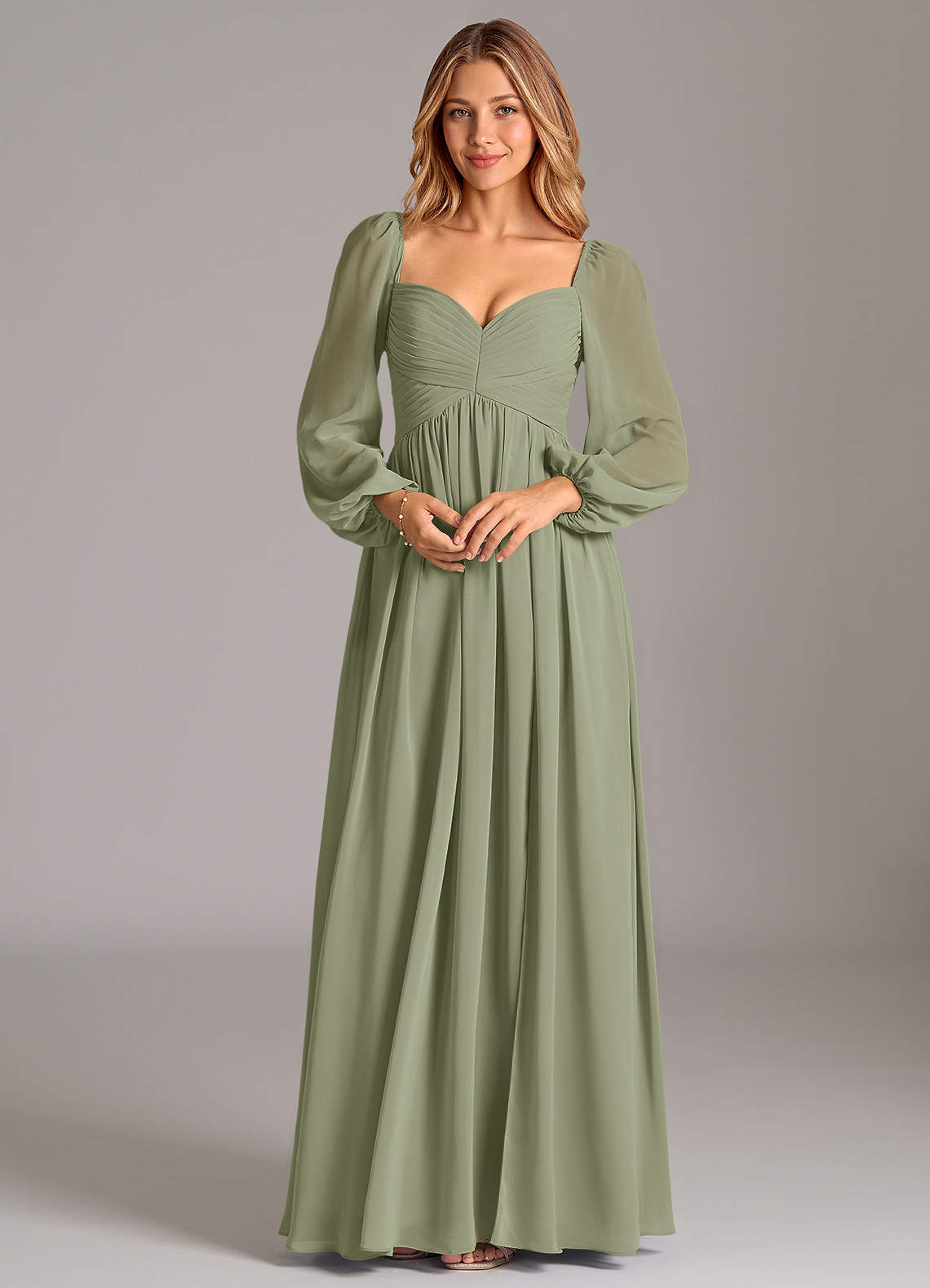 Azazie Bailee Bridesmaid Dresses Pistachio A-Line Long Sleeve Chiffon Dress image5