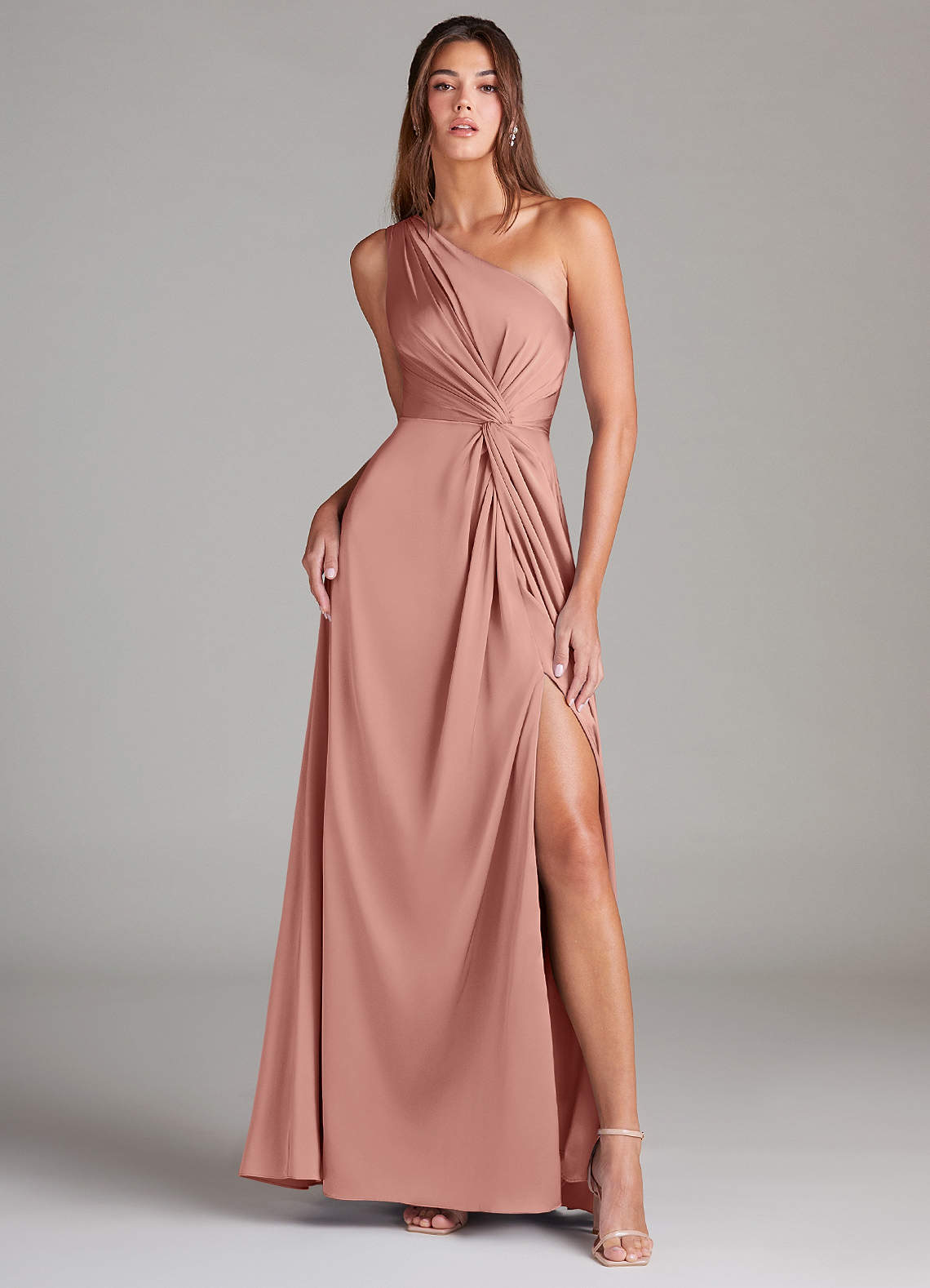 Azazie Brooke Bridesmaid Dresses Rosette A-Line One Shoulder Stretch Satin Dress image1