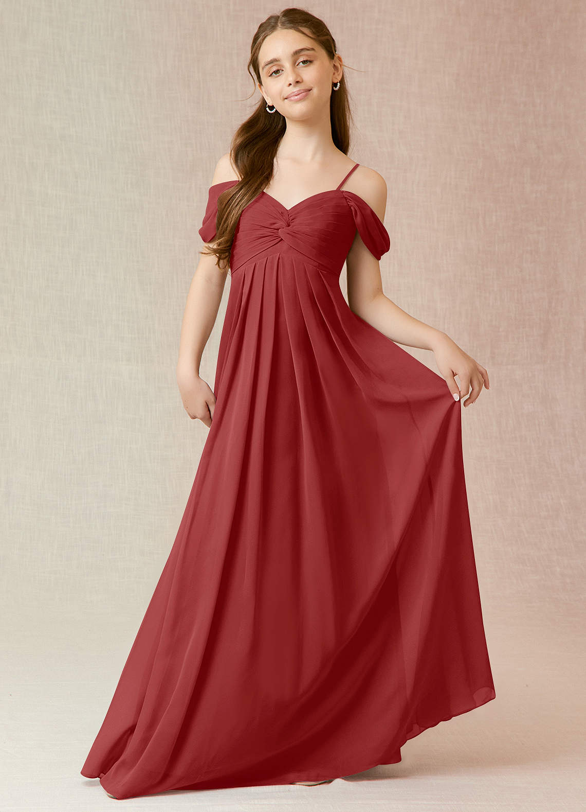 Azazie Kaitlynn Junior Rust A-Line Off the Shoulder Chiffon Dress image1