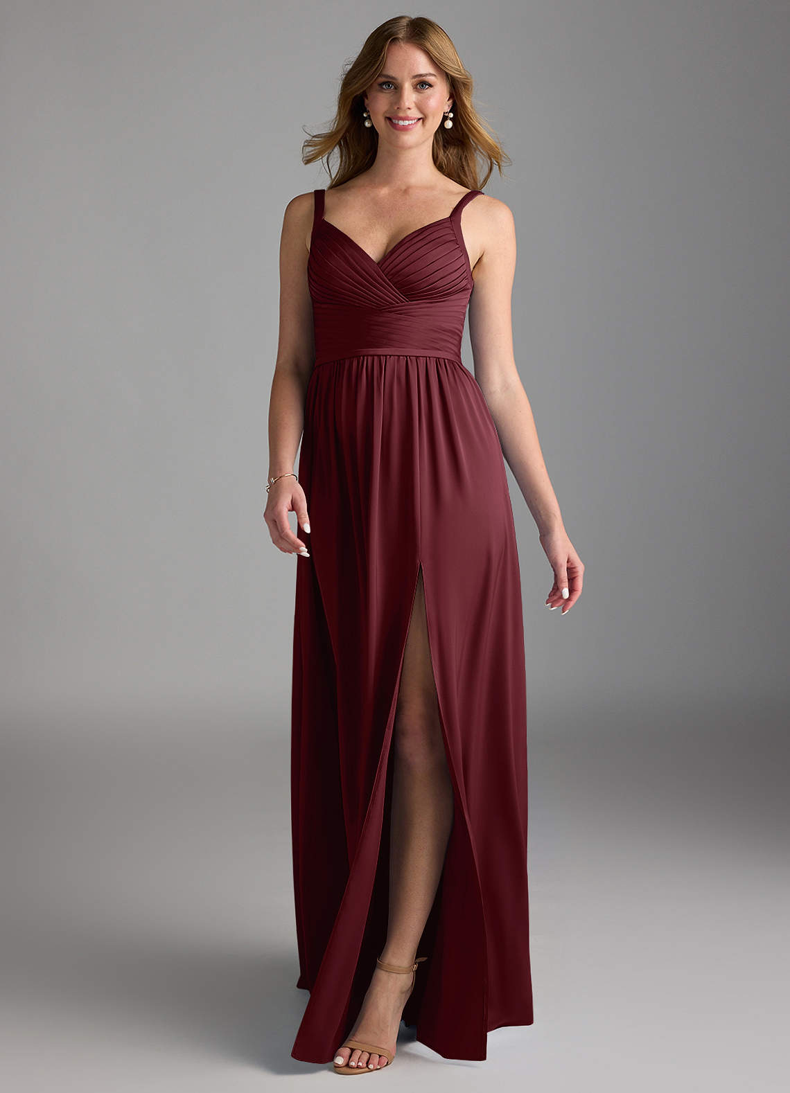 Azazie Chanel Bridesmaid Dresses Cabernet A-Line Pleated Stretch Satin Dress image1