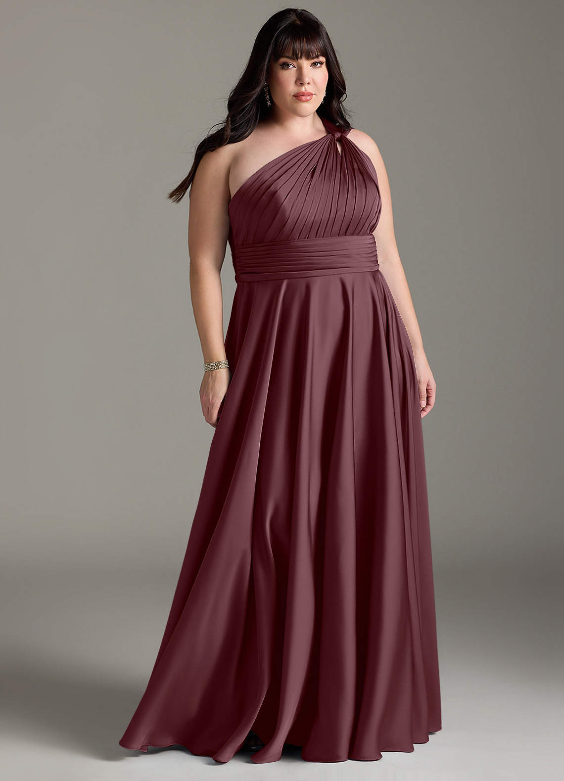Azazie Charlize Bridesmaid Dresses Sangria A-Line One Shoulder Stretch Satin Dress image1