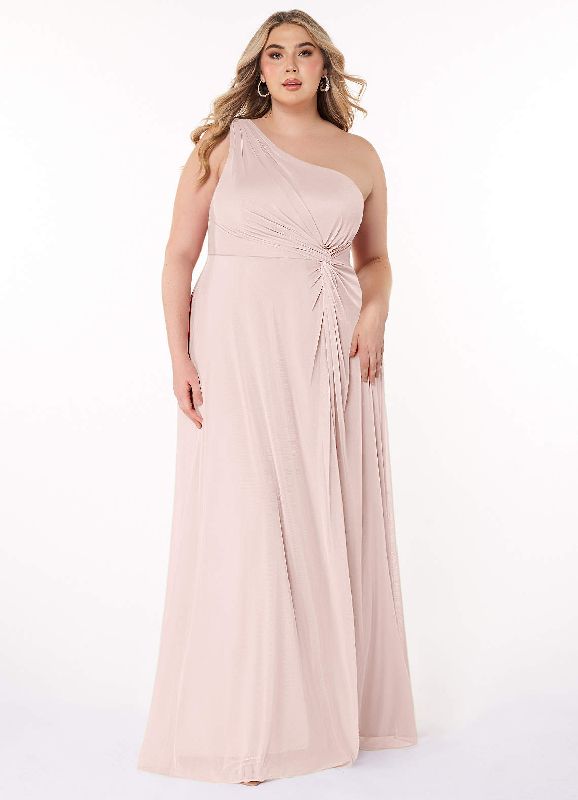 Azazie Brooke Vestidos de damas de honor Vestido de Rosa Rubor de Malla de Corte en A con Hombro unilateral image1