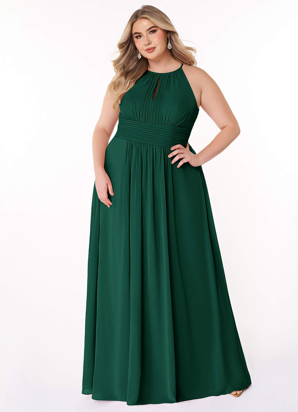 Azazie Bonnie Bridesmaid Dresses Emerald A-Line Keyhole Ruched Chiffon Dress image1