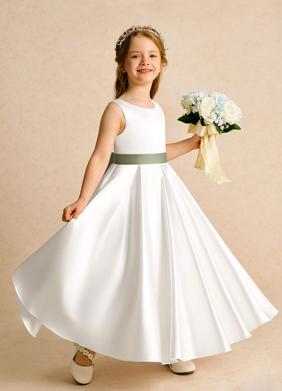 Azazie Cherry Flower Girl Dresses Ivory Pistachio Ball-Gown Pleated Matte Satin Dress image2