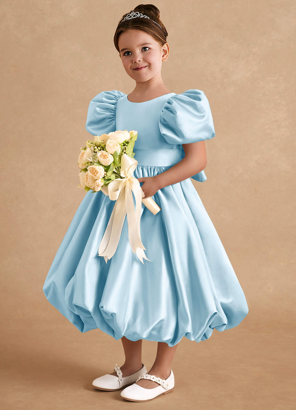 Azazie Jellybean Flower Girl Dresses Sky Blue Ball-Gown Ruched Matte Satin Dress image1
