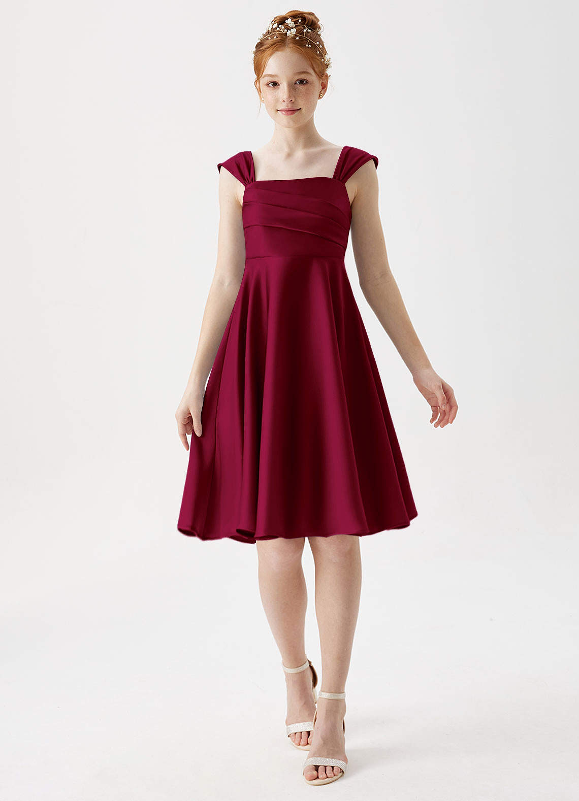 Azazie Amira Junior Burgundy A-Line Pleated Stretch Satin Dress image1