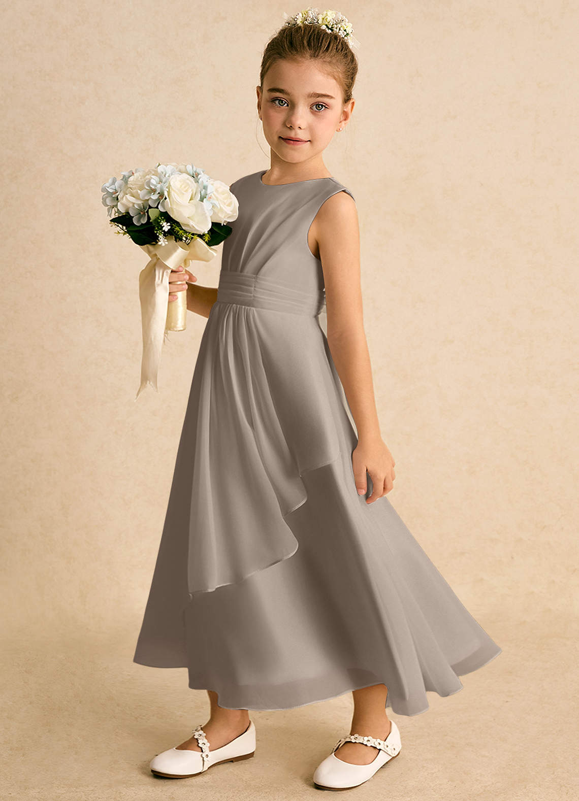 Azazie Edelweiss Abiti da Ragazza di Fiori Abito A-Line in Chiffon Plissettato Taupe image1