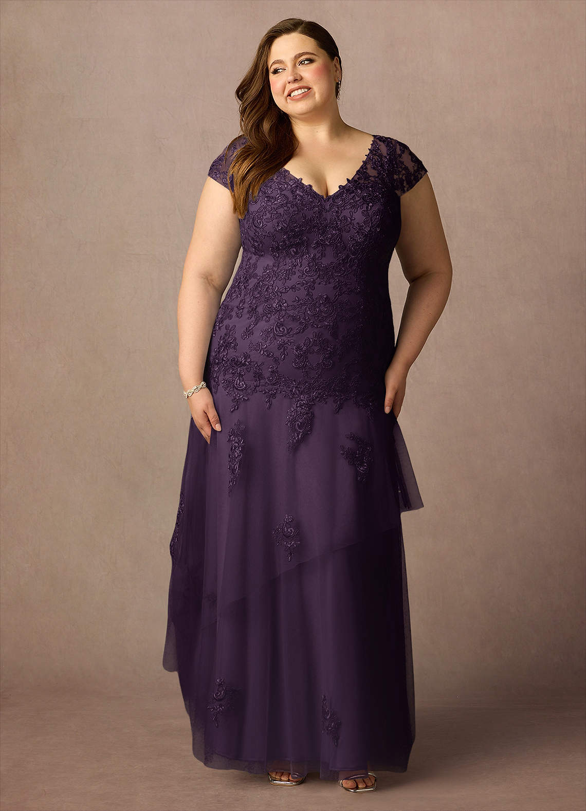 Azazie Romy Plum Mermaid V-Neck Sequins Tulle Dress Ready to Ship