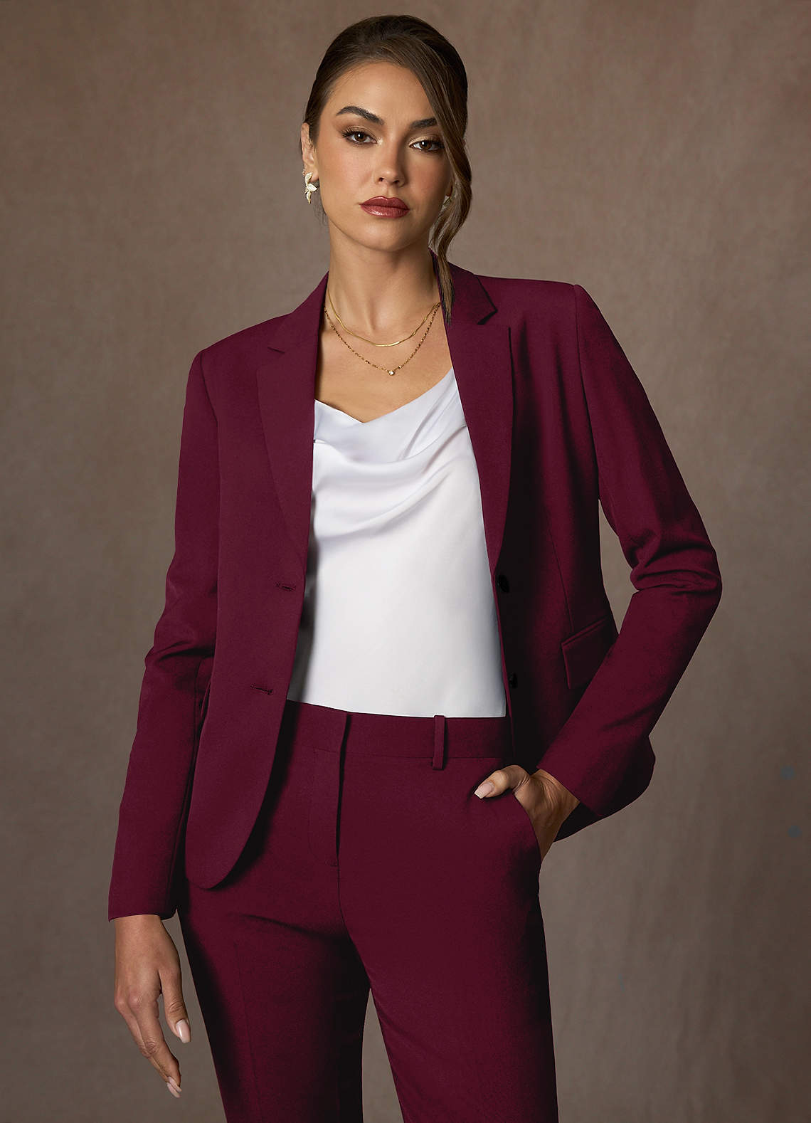 front Whitney Burgundy Structured Stretch Blazer