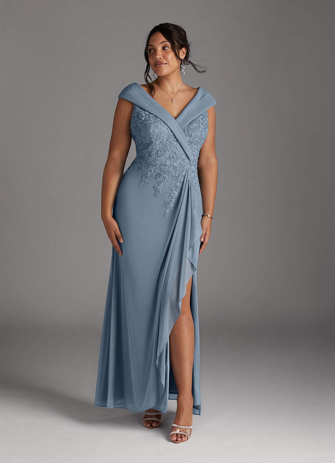 Azazie Calathea Mother of the Bride Dresses Dusty Blue A-Line Lace Dress image1