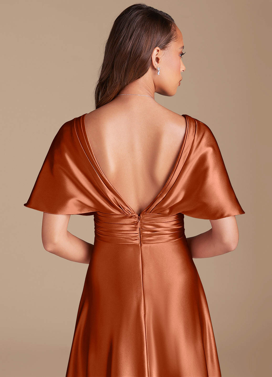 Azazie Pamela Klänningar att prova hemma Klä av A-Linje i Metallisk satin Plisserad Kastanjebrunt image6