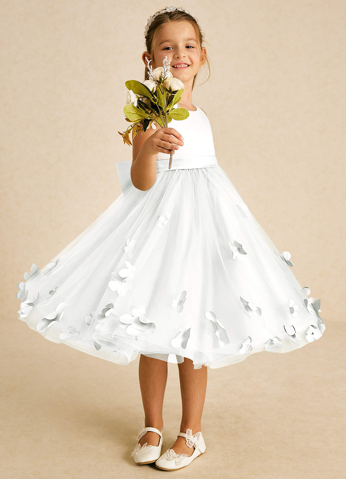 Azazie Sprout Flower Girl Dresses Ivory A-Line Bow Tulle Dress image1