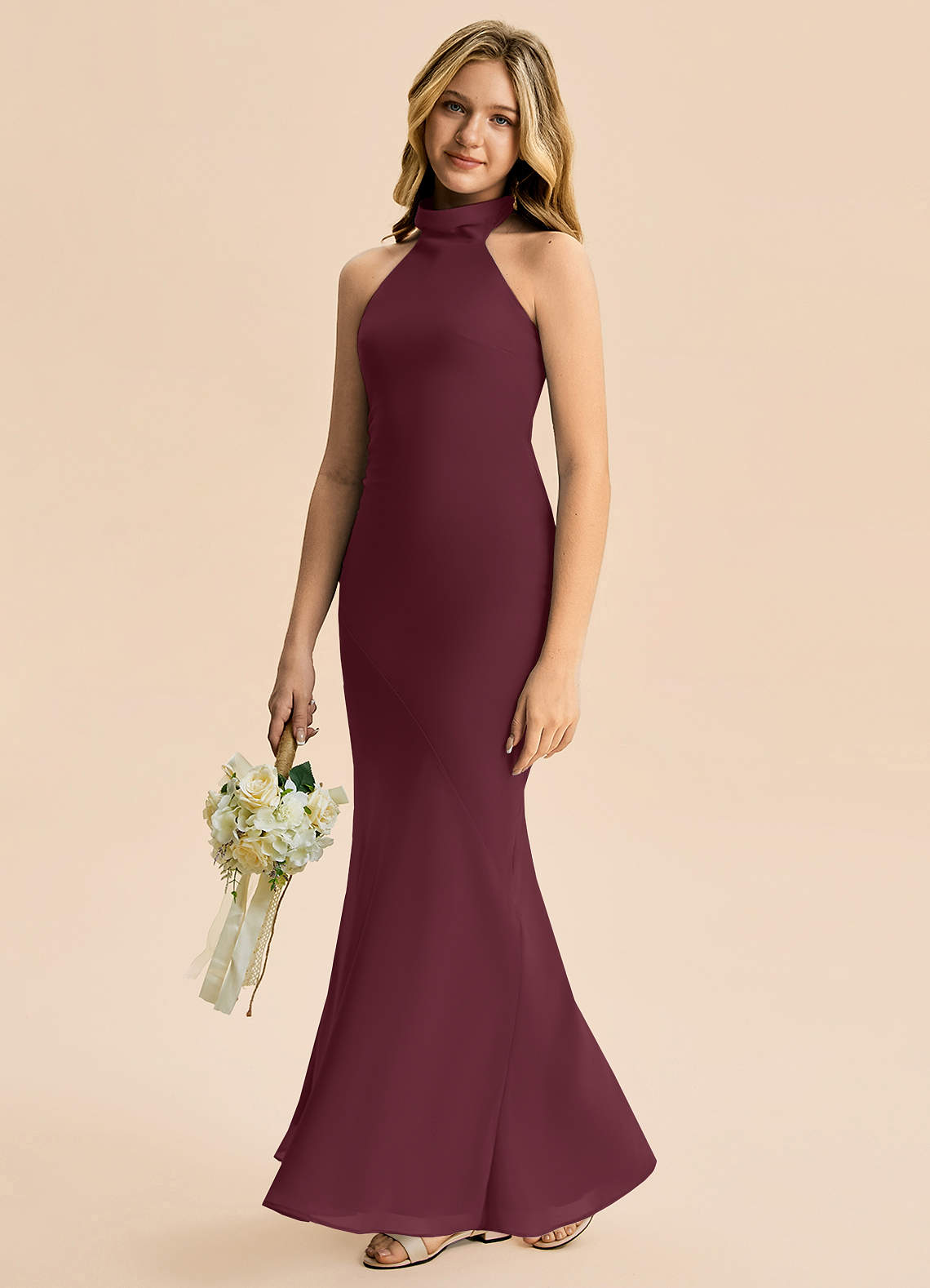 Azazie Velli Junior Cabernet Mermaid High Neck Chiffon Dress image3