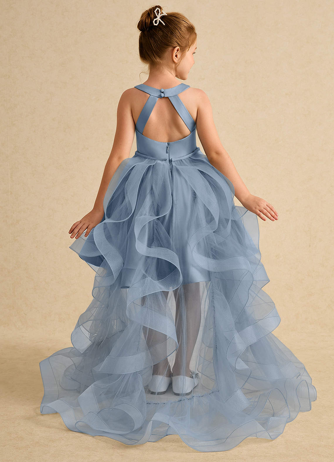 Azazie Julietta Flower Girl Dresses Dusty Blue Ball-Gown Convertible Tulle Dress image1