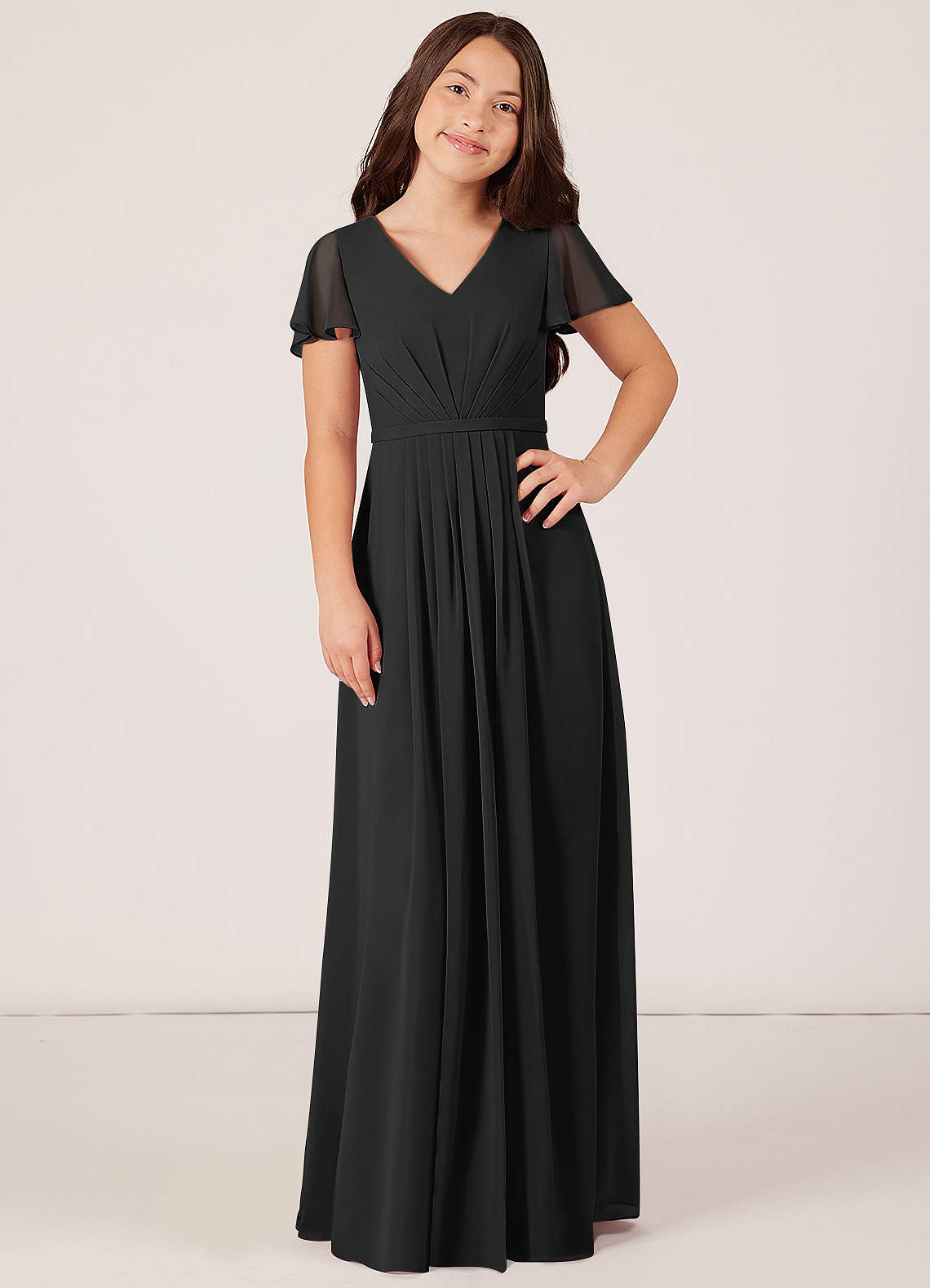 Azazie Peony Junior Black A-Line Pleated Chiffon Dress image1