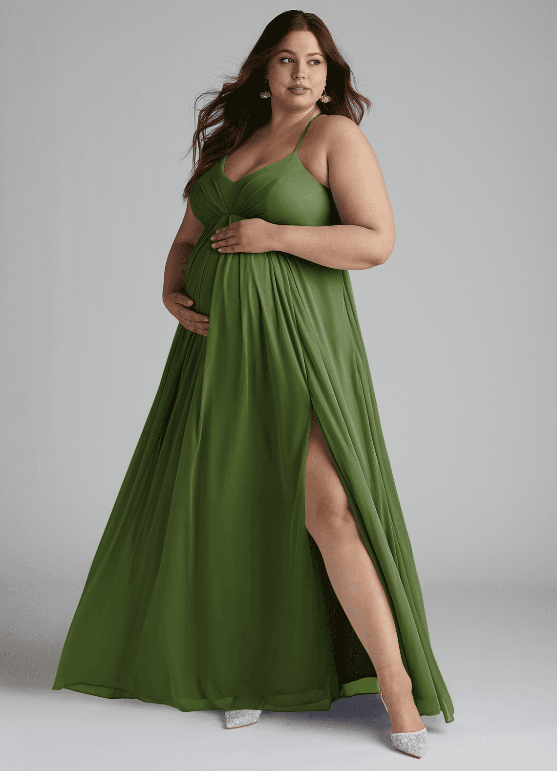 Azazie Annabelle vestidos de dama de honor de maternidad Vestido de Corte en A Cuello en V plisado Hasta el suelo Malla image1