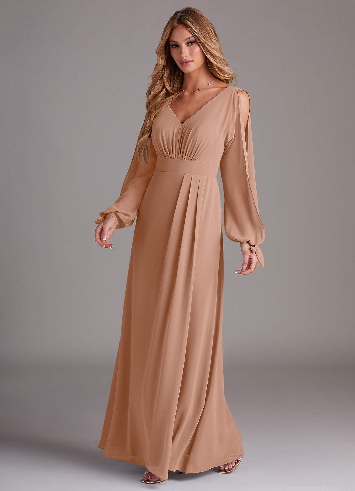 Azazie Matilda Bridesmaid Dresses Champagne Rose A-Line Long Sleeve Chiffon Dress image1