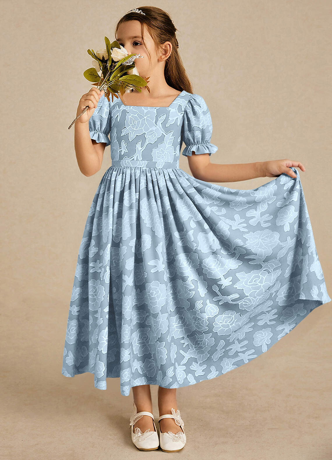 Azazie Joss Flower Girl Dresses Sky Blue A-Line with Sleeves Floral Burnout Dress image1
