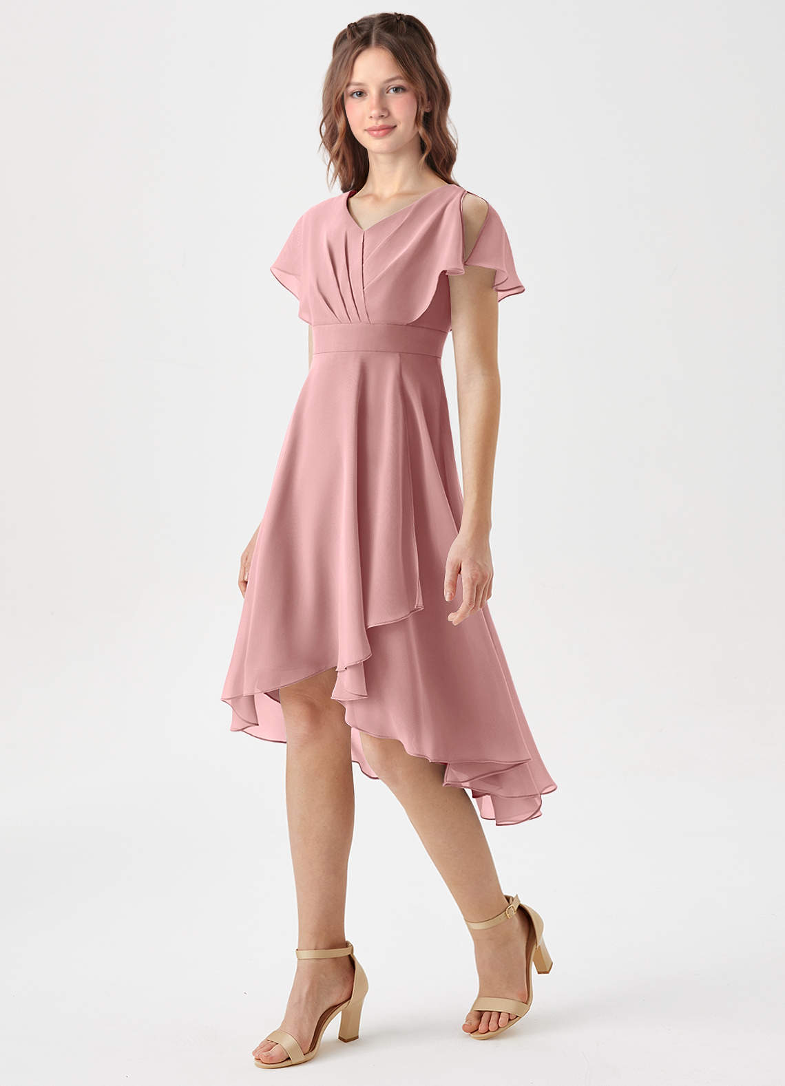 Azazie Graciela Junior Dusty Rose A-Line Pleated Chiffon Dress image1