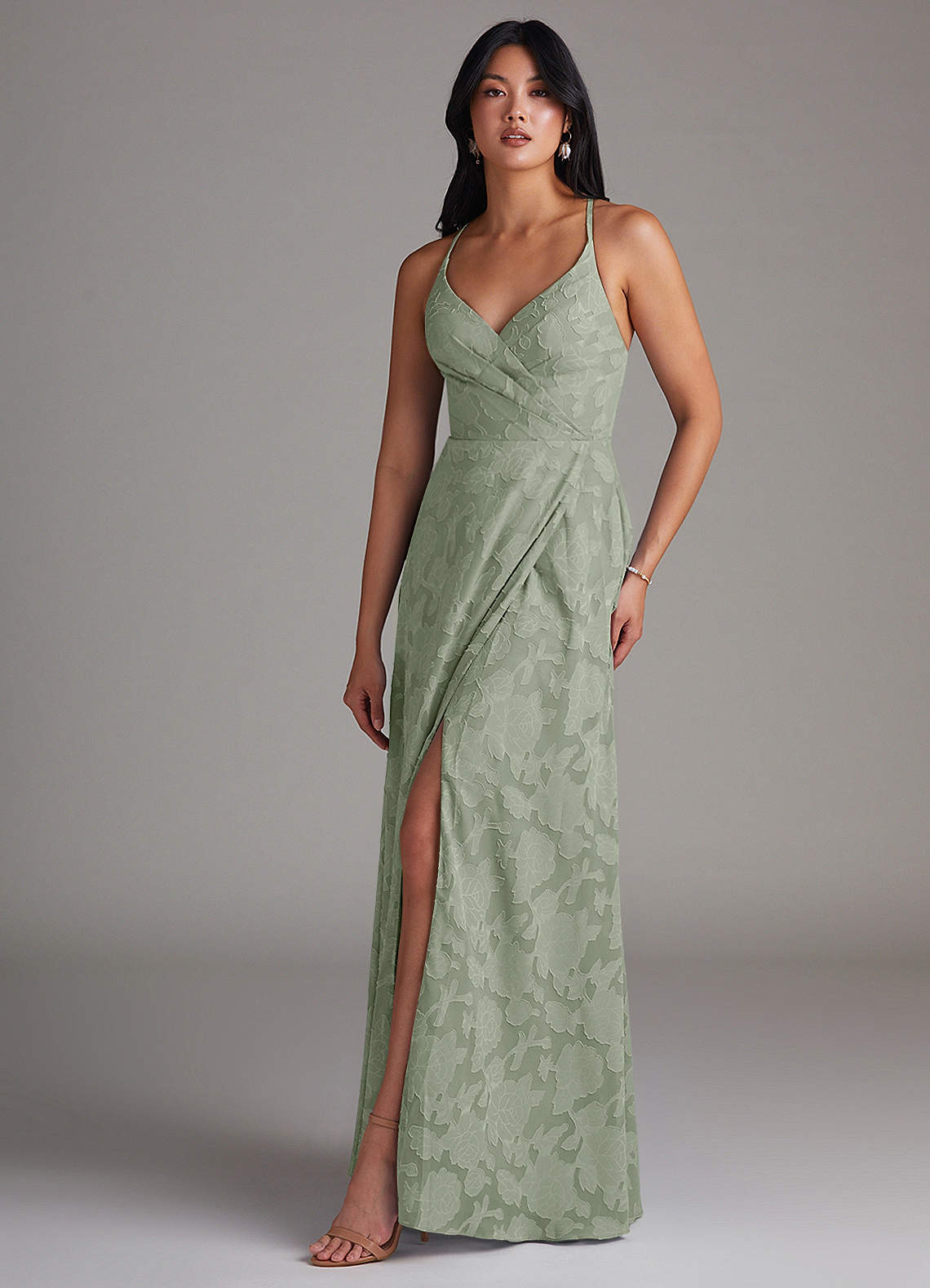 Azazie Davis Bridesmaid Dresses Agave A-Line Pleated Floral Burnout Dress image1
