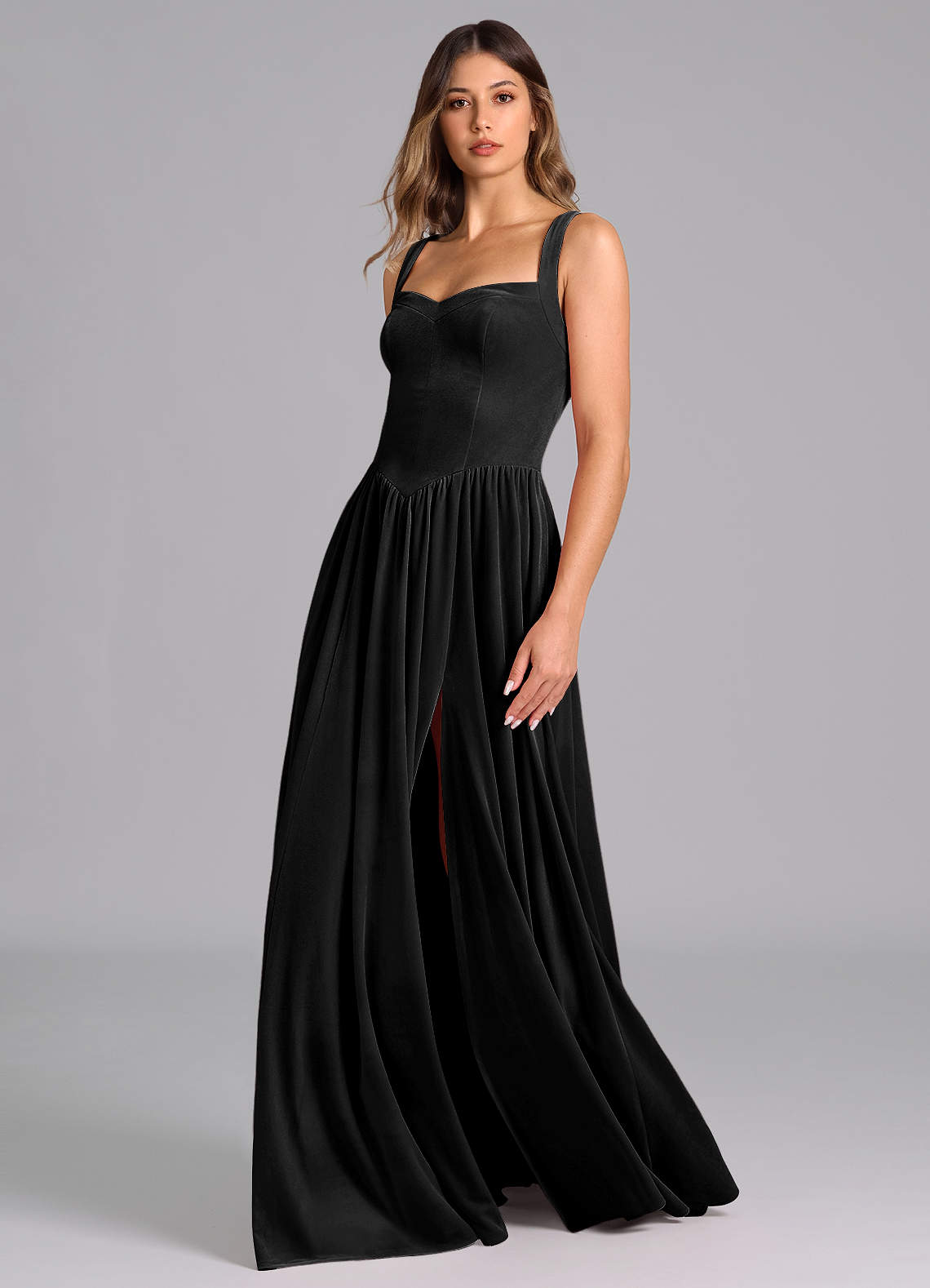 Azazie Francis Vestidos de madrinha de casamento Vestido Preto de Veludo de Linha A com Espartilho image6
