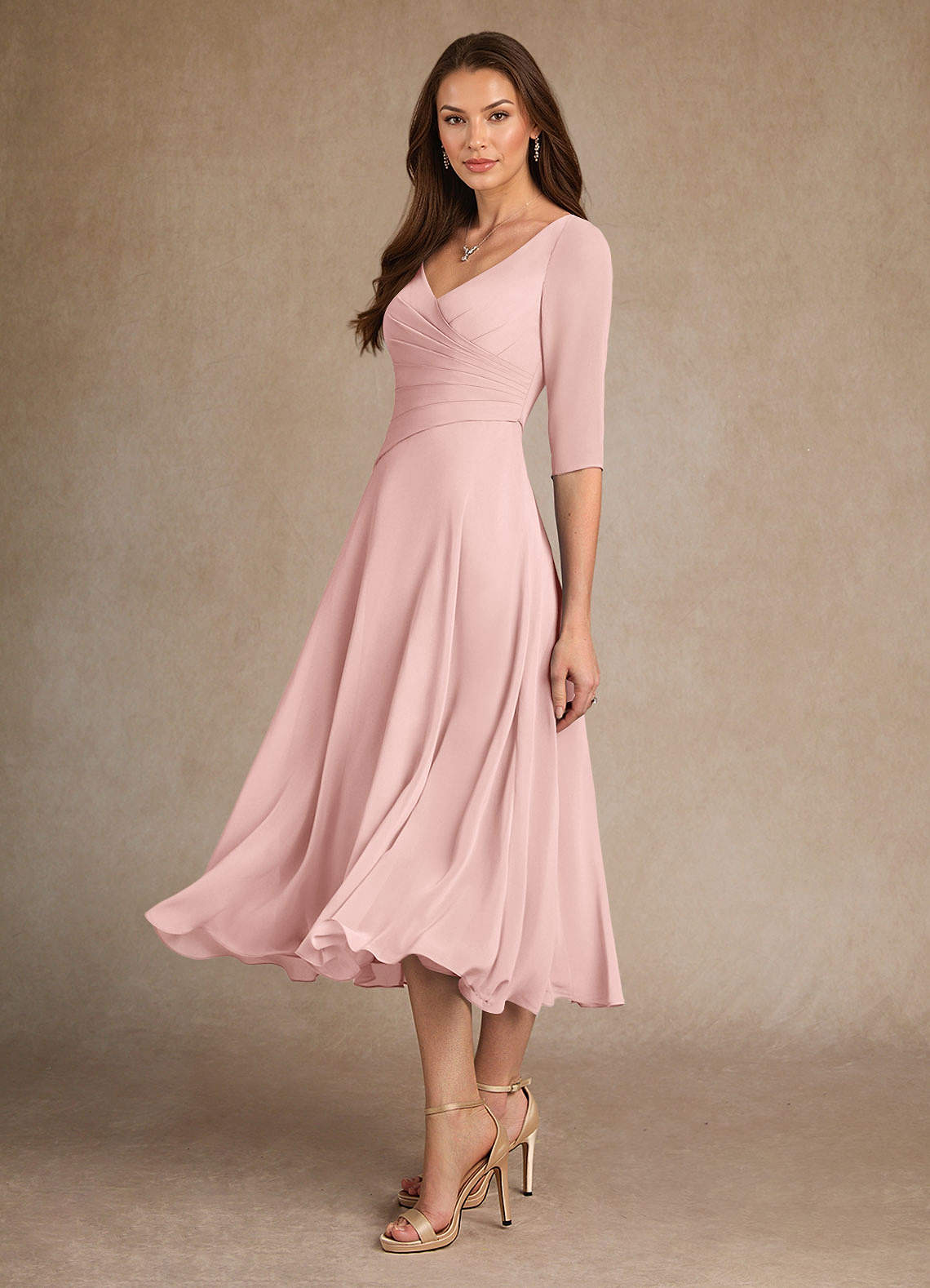 pink chiffon tea length dress A-line Tea Length Chiffon Mother of the Bride Dress with Cape Sleeves and Beaded Waist