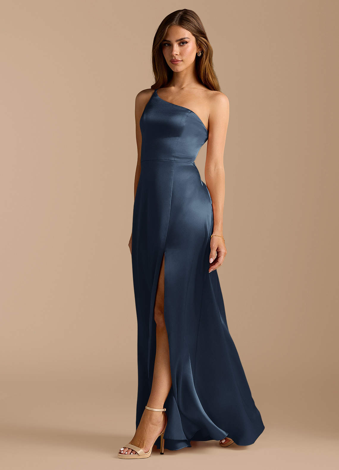 Azazie Trina Bridesmaid Dresses Dark Navy A-Line One Shoulder Metallic Satin Dress image1