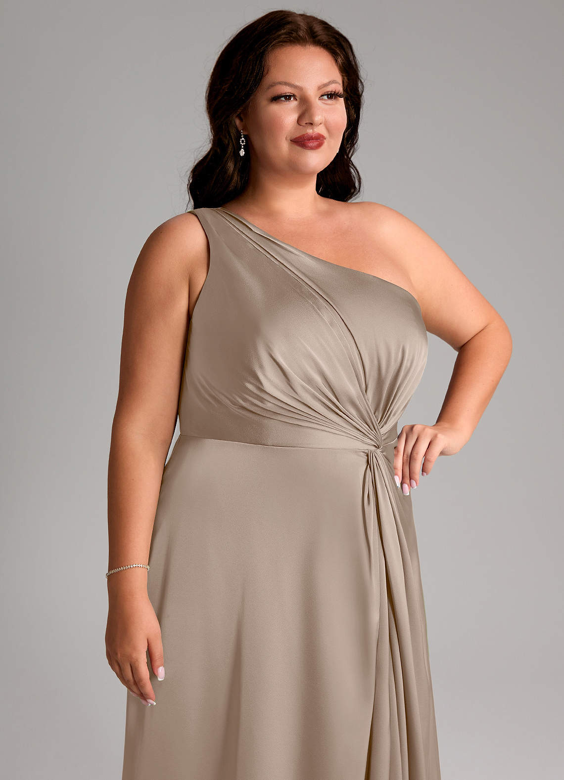 taupe bridesmaid dresses plus size Azazie A-Line One-Shoulder Floor-Length Stretch Satin Size:US 6 / AU 10 / Medium Sleeveless Embellishment bungalow 5 Endless Rose Women's Button